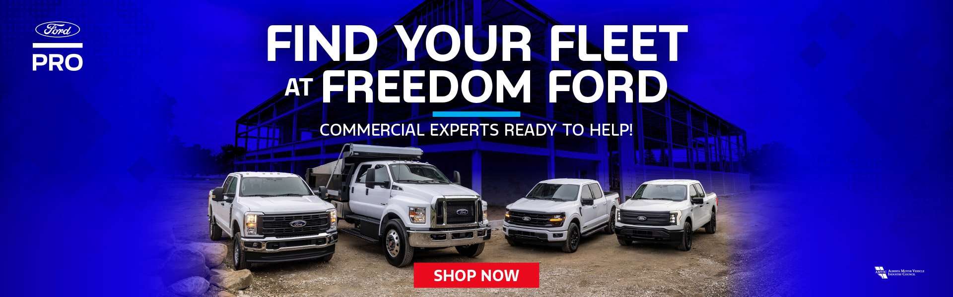 Lineup of Ford commercial trucks and work vehicles parked in front of a steel-frame construction site, with the text “Find Your Fleet at Freedom Ford – Commercial Experts Ready to Help!”